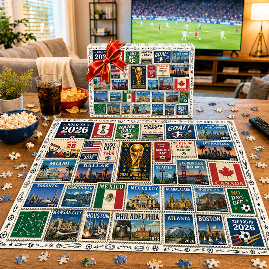 2026 World Cup Soccer Host City Stamp Puzzle - 500/1000 Piece Jigsaw Puzzle