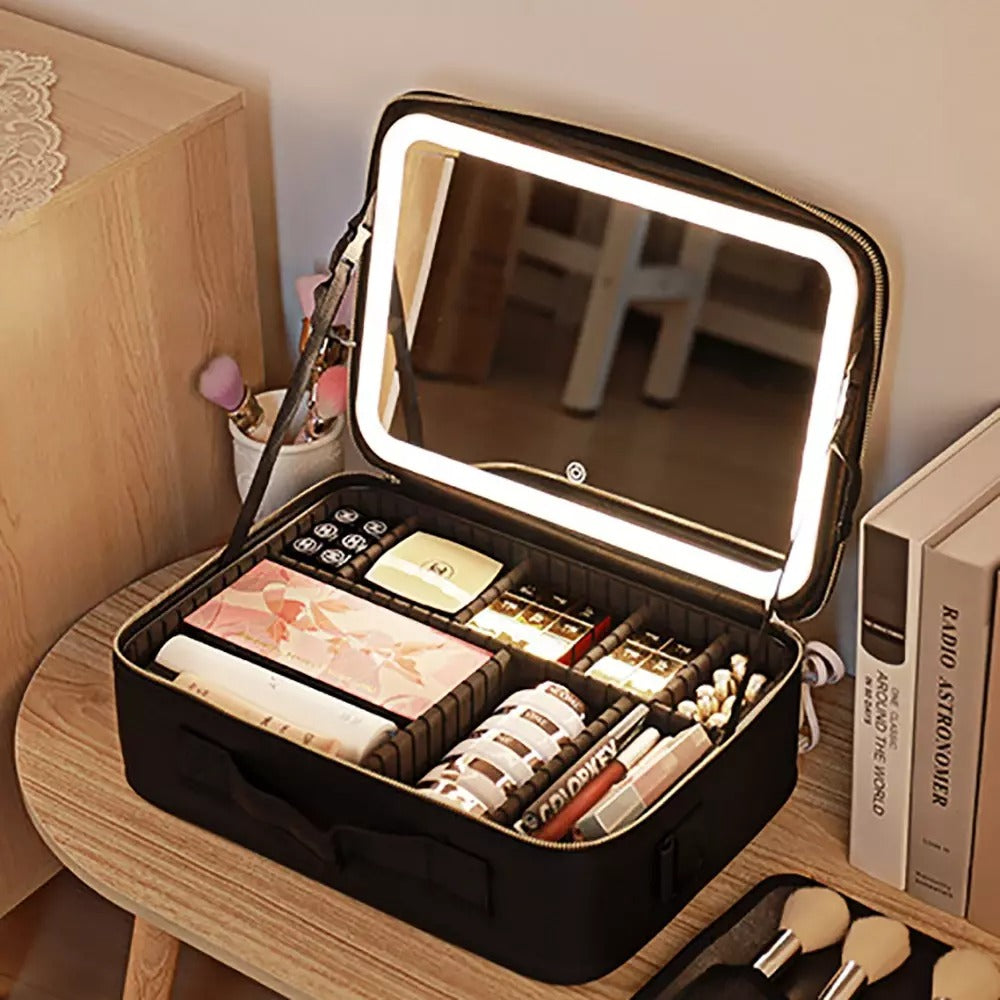 Portable  3 in 1 Cosmetic Case With LED Mirror