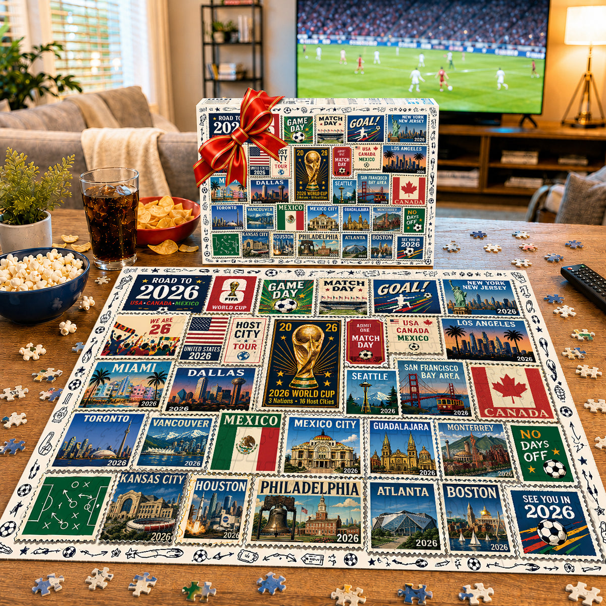 2026 World Cup Soccer Host City Stamp Puzzle - 500/1000 Piece Jigsaw Puzzle