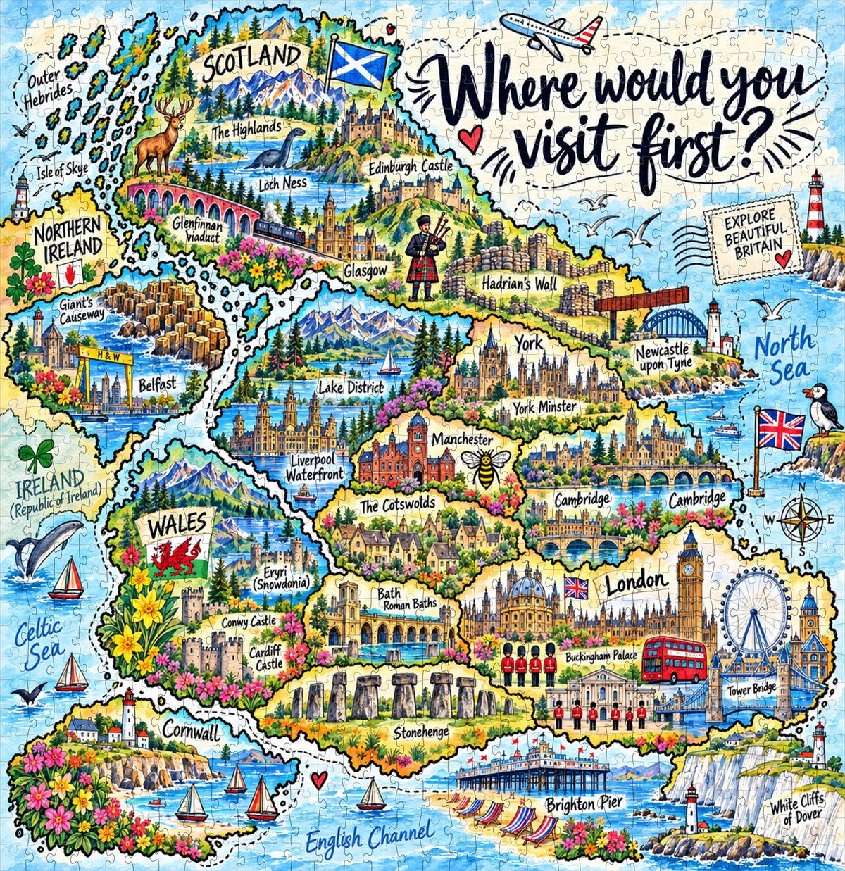 Explore Britain - Landmarks Map 1000 pcs Puzzle