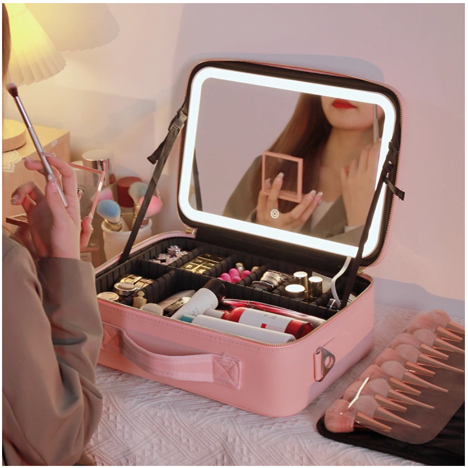 Portable  3 in 1 Cosmetic Case With LED Mirror